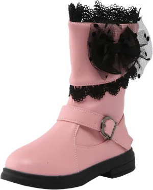 Girls Mid Calf Riding Boots Waterproof Side Zipper Long Boots Lace Bowknot Dress Boots Winter Warm Snow Boots