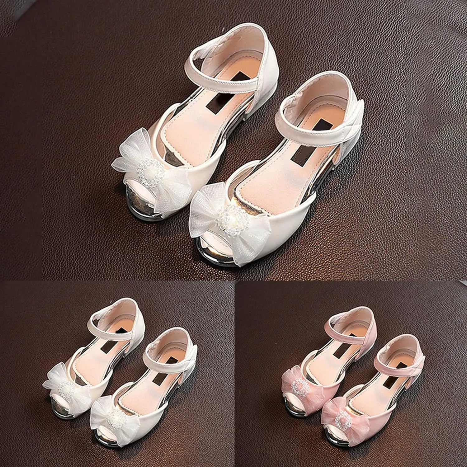 Girls Open Toe Heels Dress Shoes Flower Girl Mary Jane Sandals with Bow Wedding Party Church Shoes for Girls