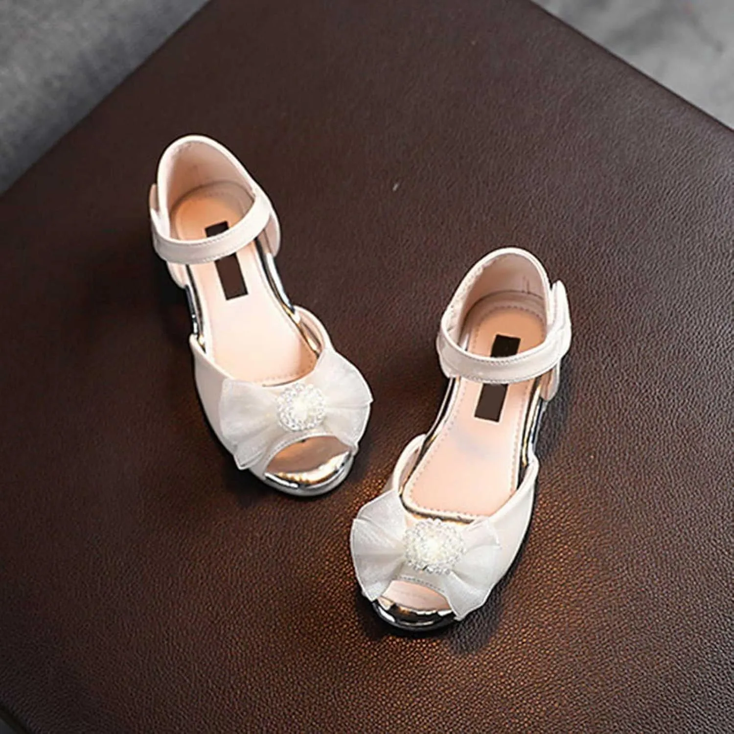 Girls Open Toe Heels Dress Shoes Flower Girl Mary Jane Sandals with Bow Wedding Party Church Shoes for Girls