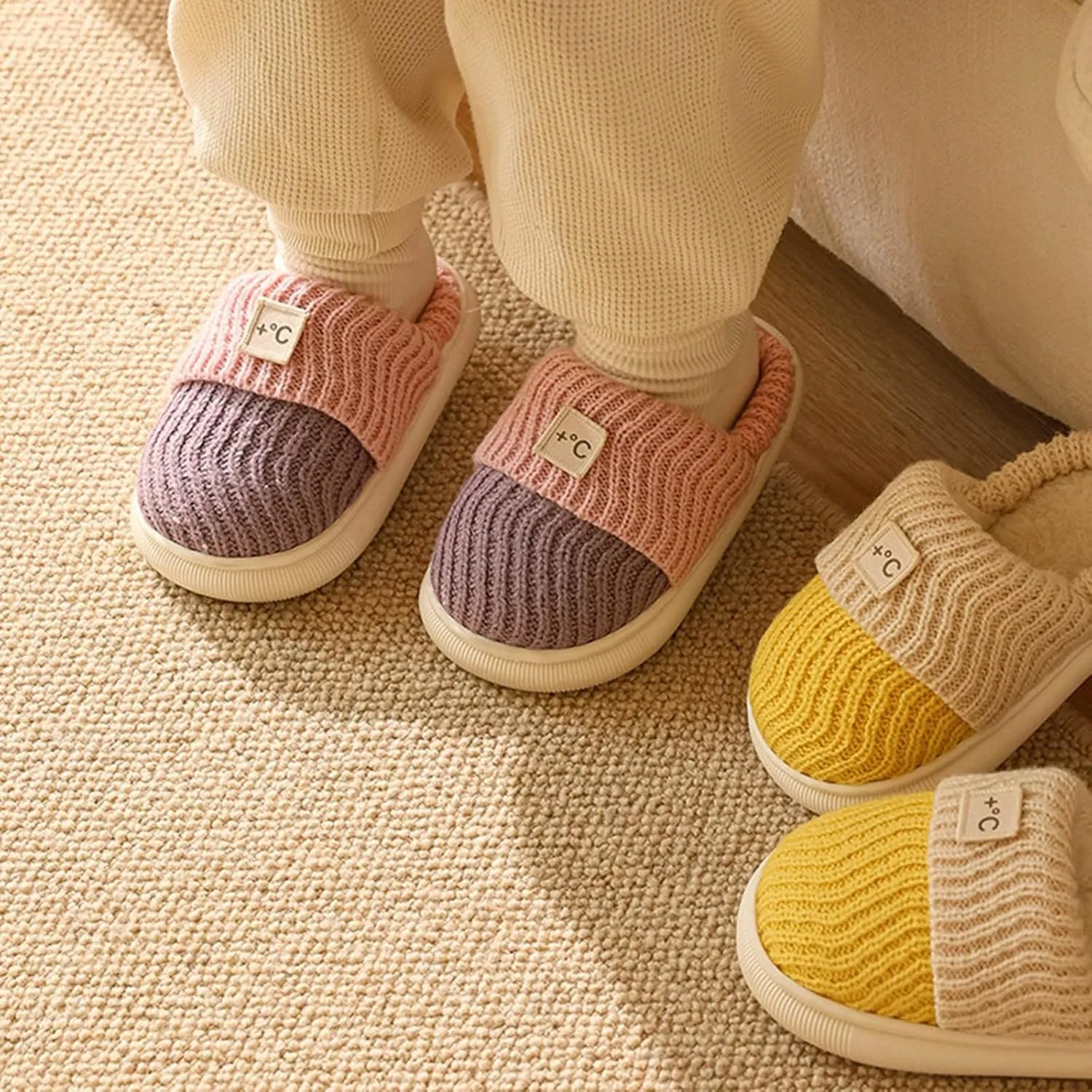Girls Platform Knit Slippers Cozy Winter Warm Fuzzy Memory Foam Slip-On Plush House Slides Shoes Kids Boys Indoor Flat