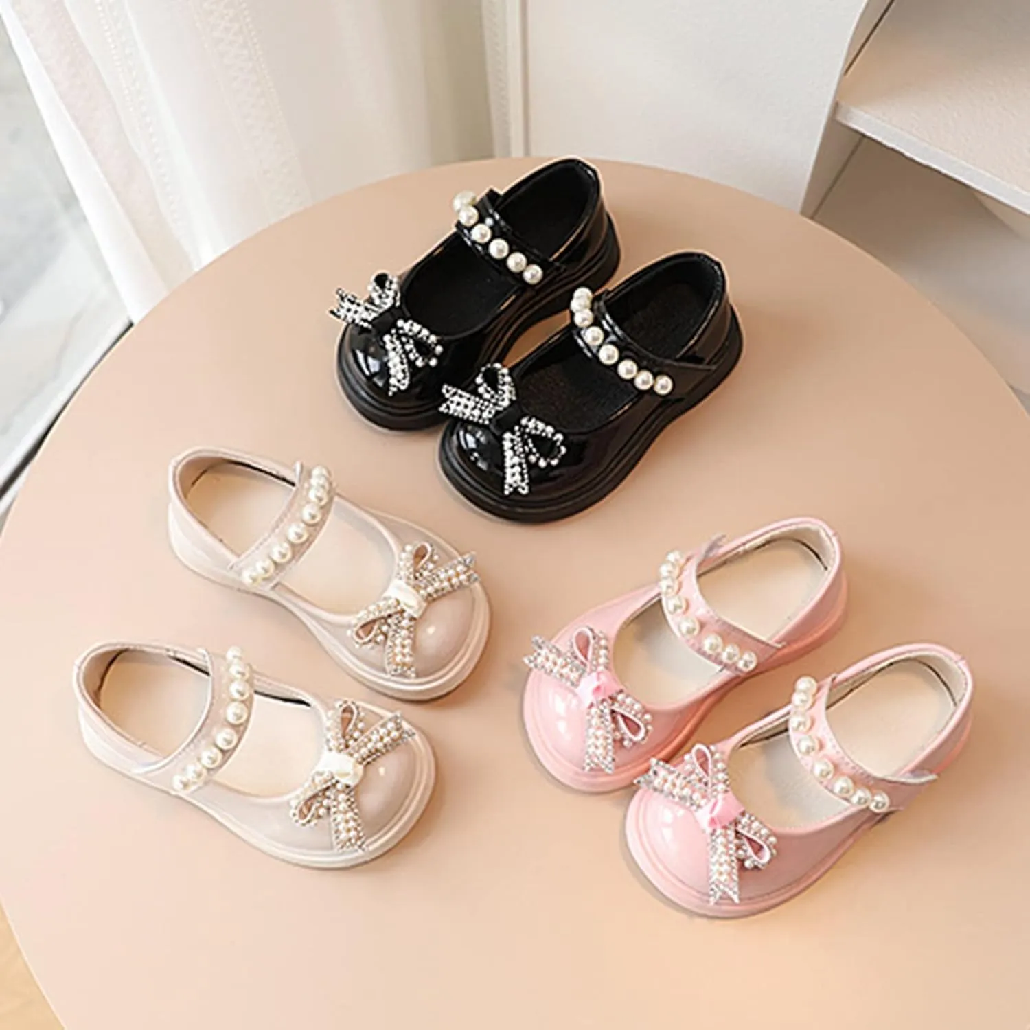 Girls Platform Mary Jane Leather Shoes Baby Kids Bow Pearl Chain Dress Chunky Shoes School Uniform Oxfor𝐝 Prom Shoes