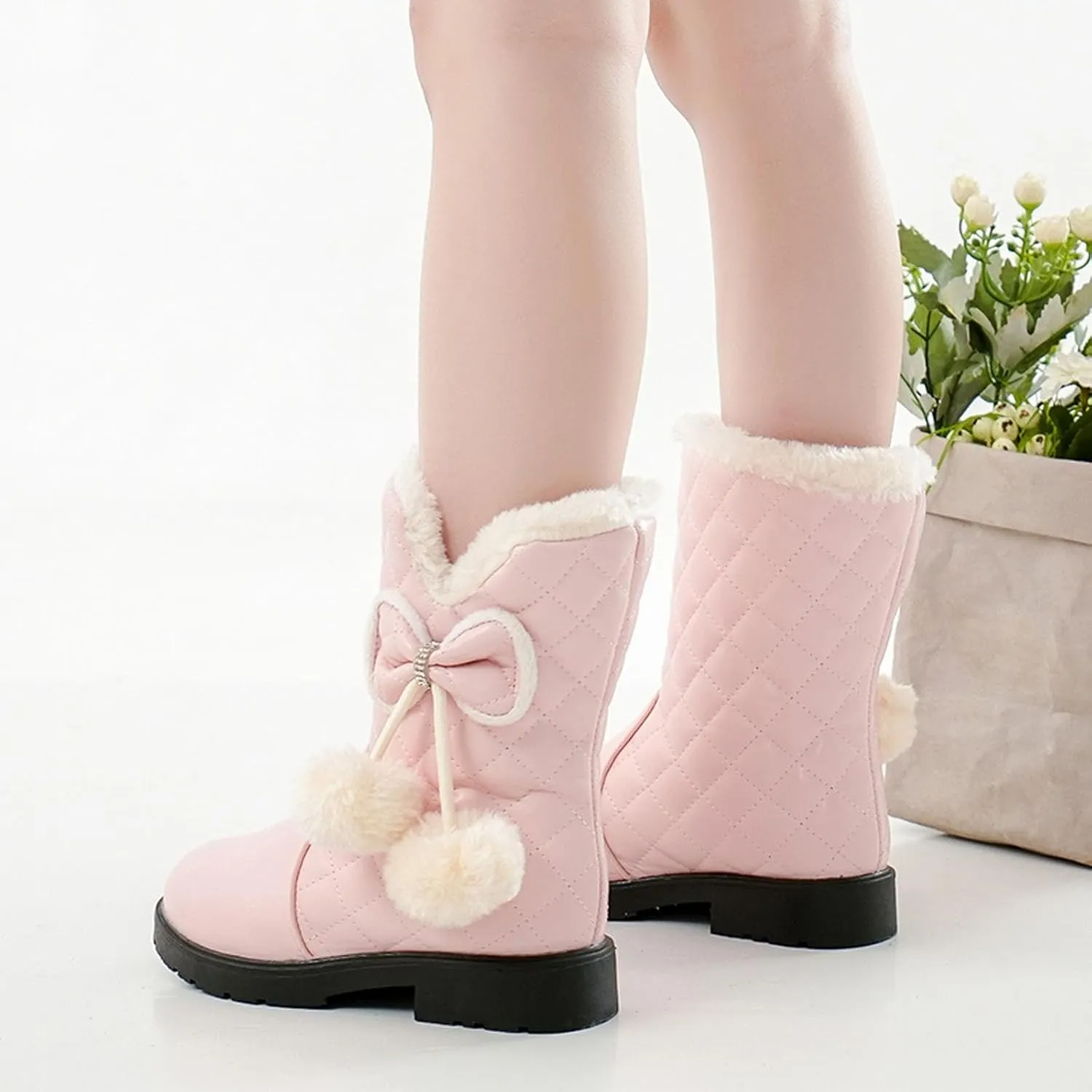 Girls Winter Warm Shoes Mid Calf Snow Boots Faux Fur Lined Warm Booties Non Slip Walking Shoes Little Kids/Big Kids