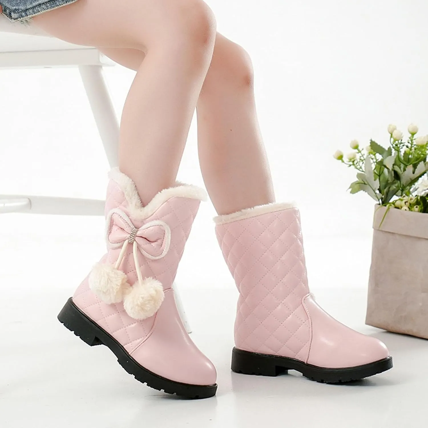 Girls Winter Warm Shoes Mid Calf Snow Boots Faux Fur Lined Warm Booties Non Slip Walking Shoes Little Kids/Big Kids