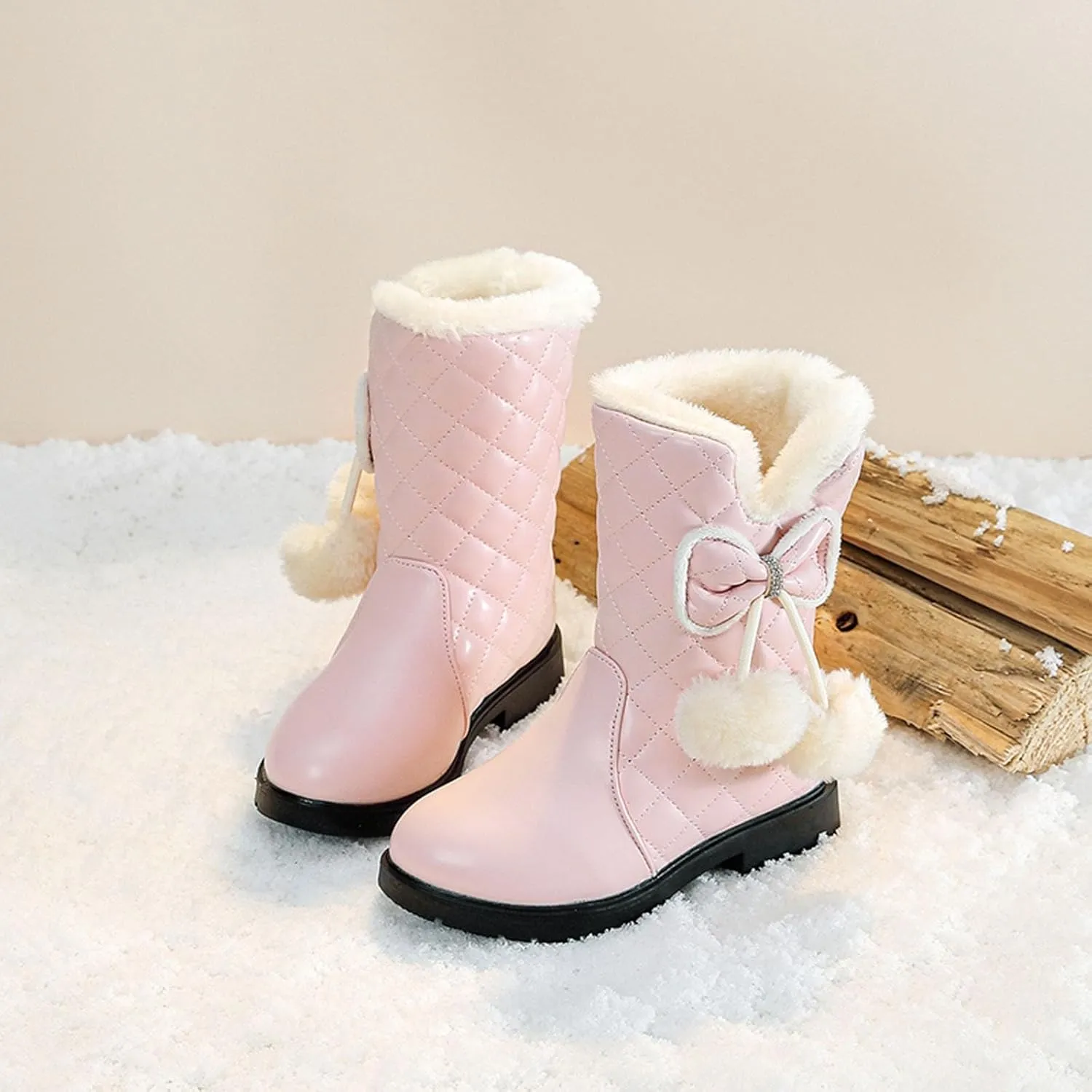 Girls Winter Warm Shoes Mid Calf Snow Boots Faux Fur Lined Warm Booties Non Slip Walking Shoes Little Kids/Big Kids