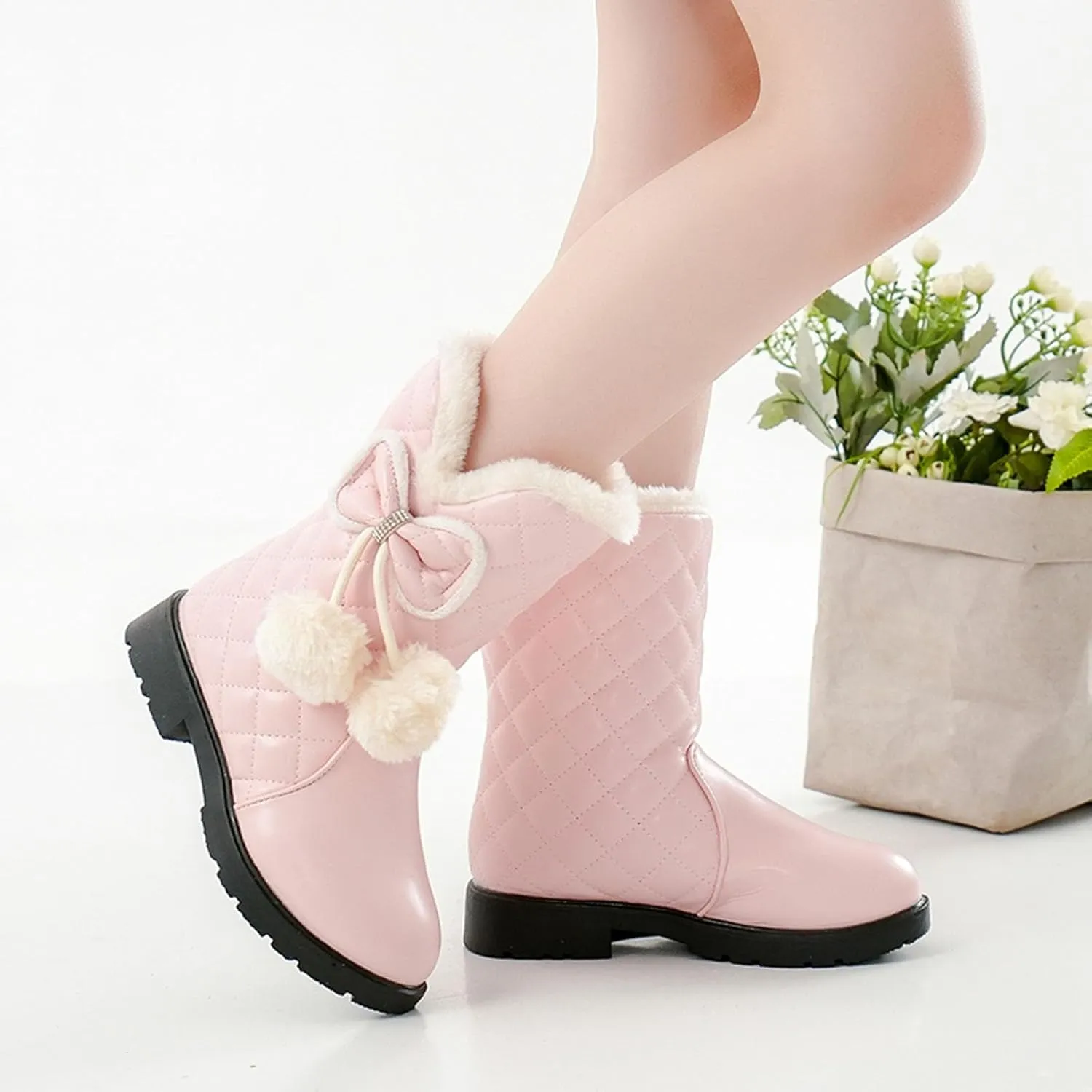 Girls Winter Warm Shoes Mid Calf Snow Boots Faux Fur Lined Warm Booties Non Slip Walking Shoes Little Kids/Big Kids