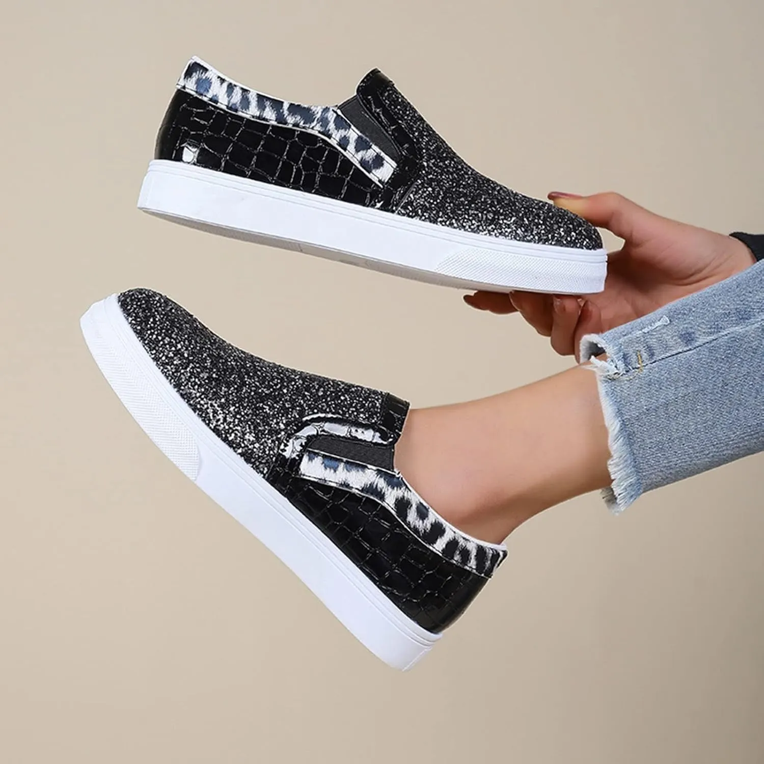 HINDOLA Women Rhinestone Platform Loafers Glitter Fashion Slip-On Sparkle Casual Flat Walking Shoes Bling Sequin Sneakers Black