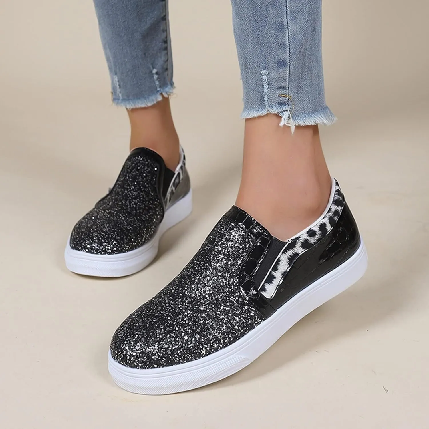 HINDOLA Women Rhinestone Platform Loafers Glitter Fashion Slip-On Sparkle Casual Flat Walking Shoes Bling Sequin Sneakers Black