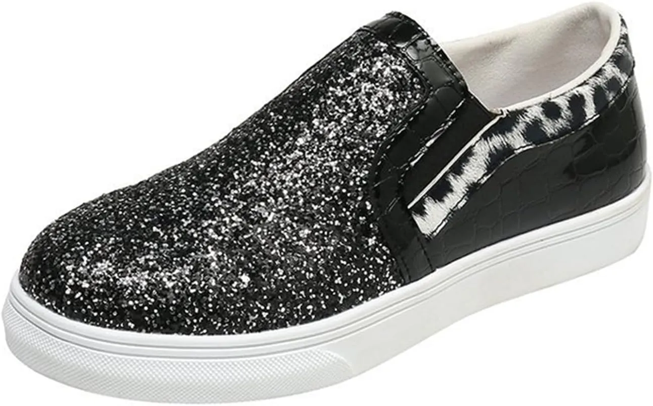 HINDOLA Women Rhinestone Platform Loafers Glitter Fashion Slip-On Sparkle Casual Flat Walking Shoes Bling Sequin Sneakers Black