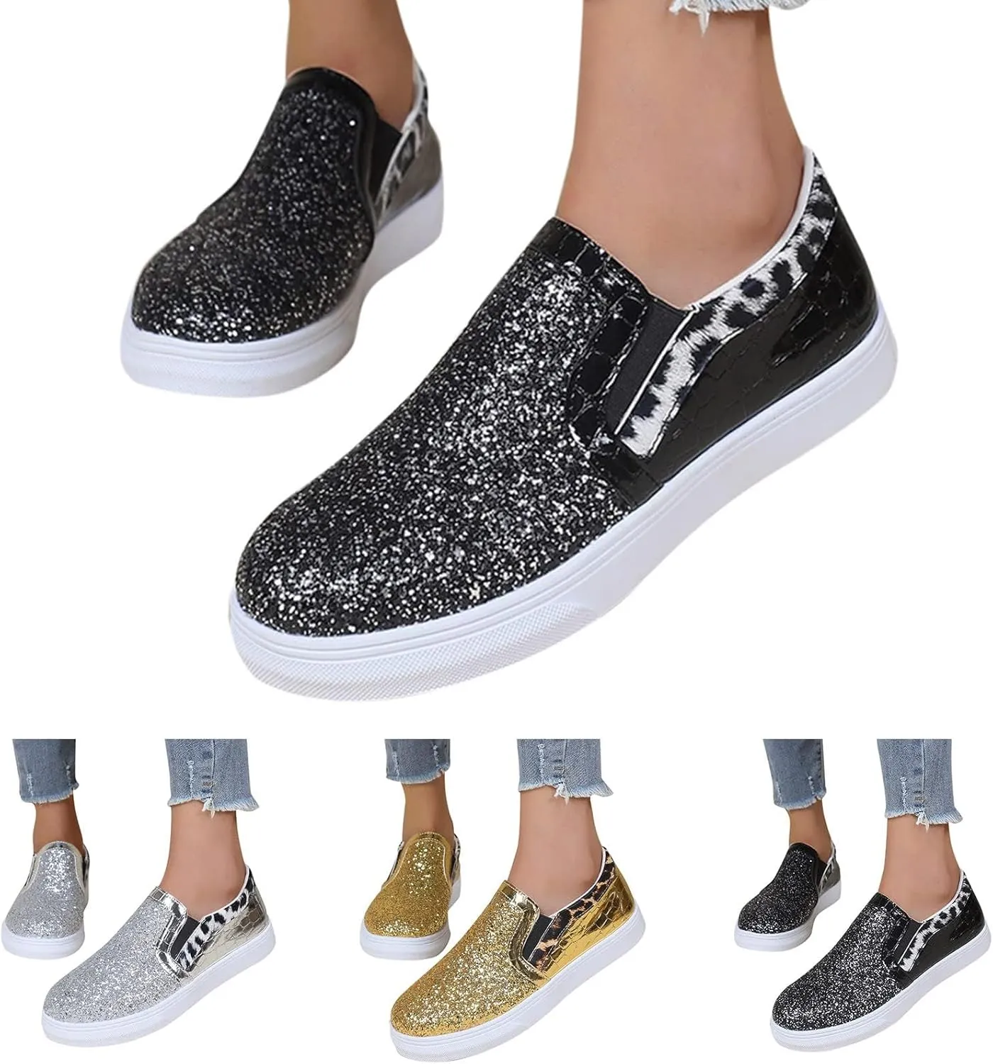 HINDOLA Women Rhinestone Platform Loafers Glitter Fashion Slip-On Sparkle Casual Flat Walking Shoes Bling Sequin Sneakers Black