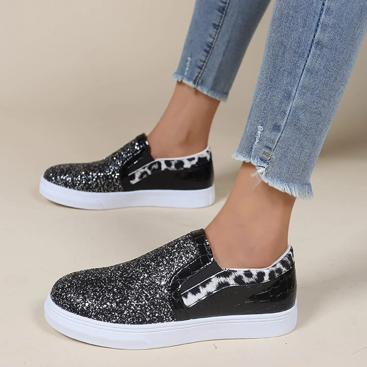 HINDOLA Women Rhinestone Platform Loafers Glitter Fashion Slip-On Sparkle Casual Flat Walking Shoes Bling Sequin Sneakers Black
