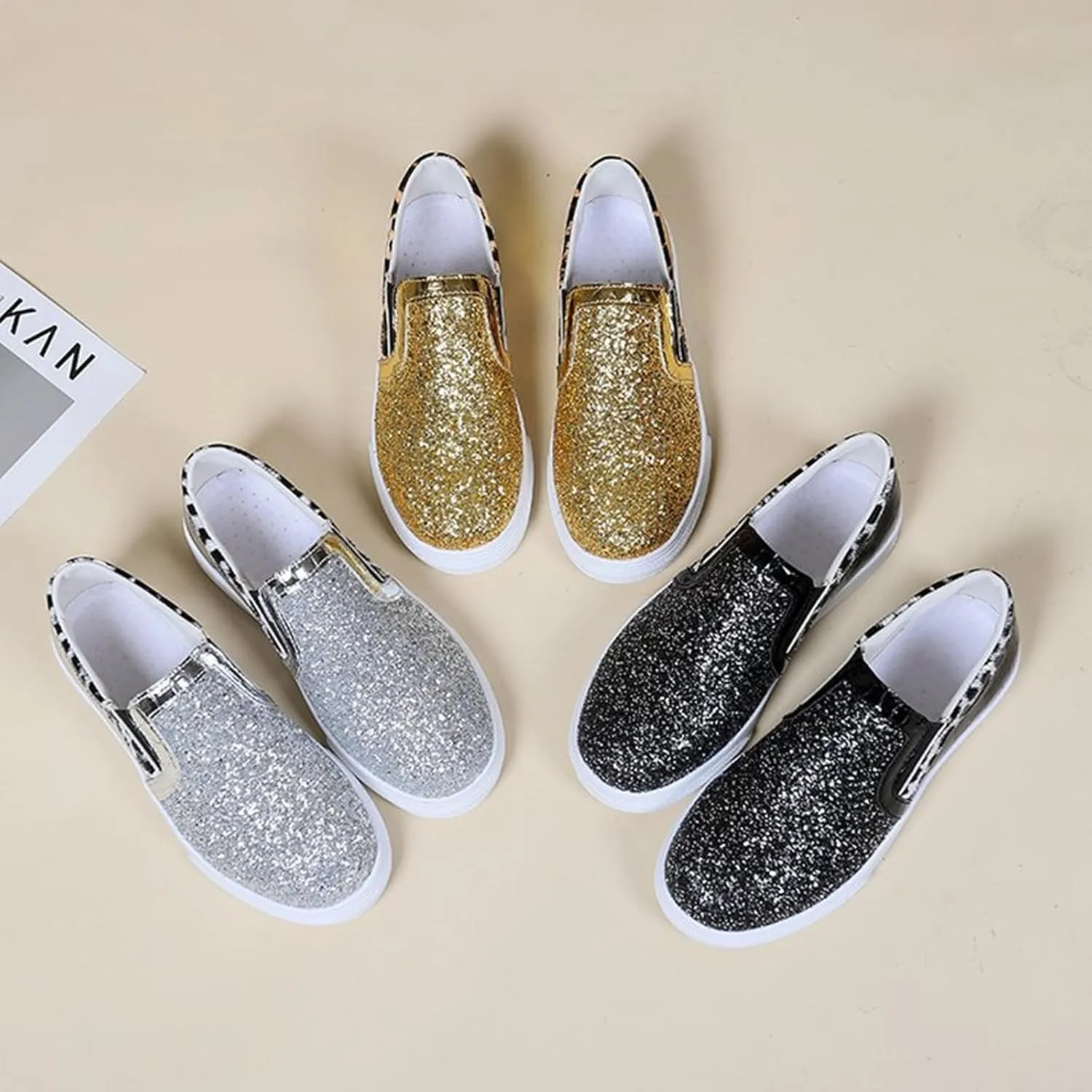 HINDOLA Women Rhinestone Platform Loafers Glitter Fashion Slip-On Sparkle Casual Flat Walking Shoes Bling Sequin Sneakers Black