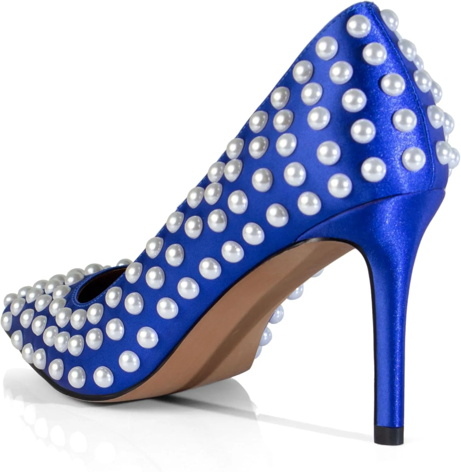 iadore Women Sexy Stiletto High Heel Pumps Chic Pearl Studded Slip-on Shoes Satin Pointed Toe Fashion Dress Pumps Size 5-12 US