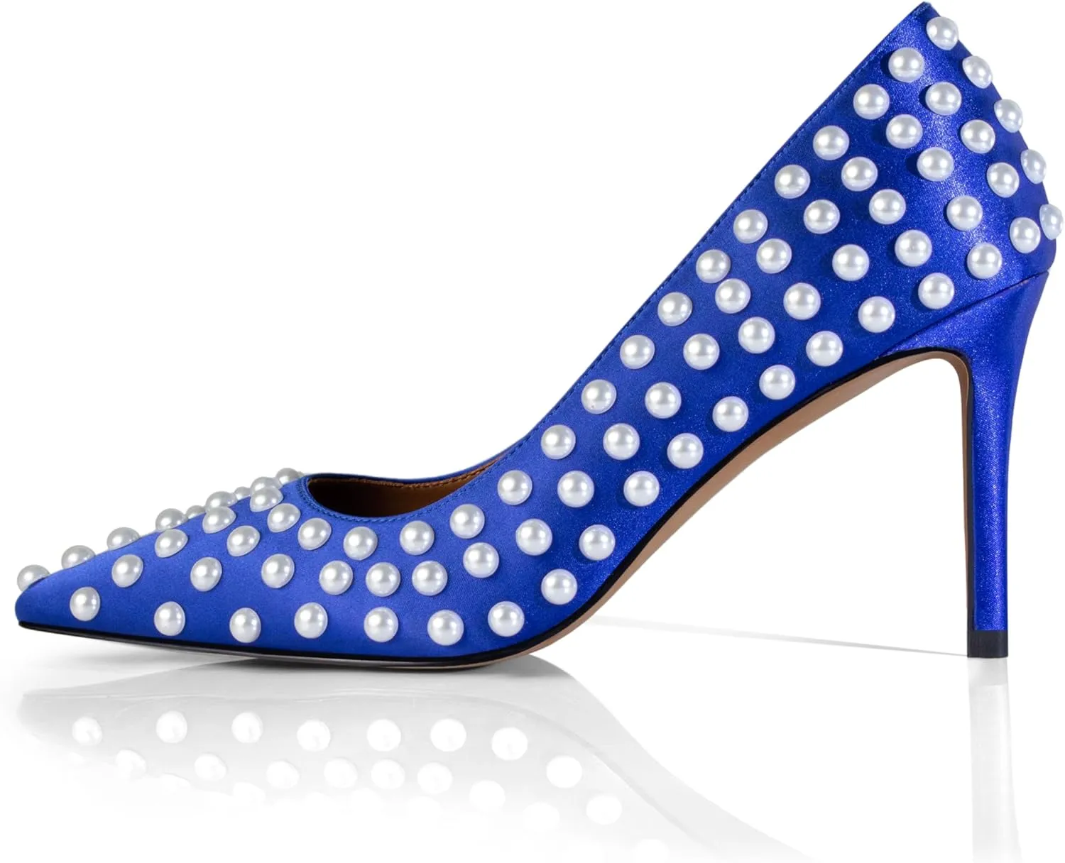 iadore Women Sexy Stiletto High Heel Pumps Chic Pearl Studded Slip-on Shoes Satin Pointed Toe Fashion Dress Pumps Size 5-12 US