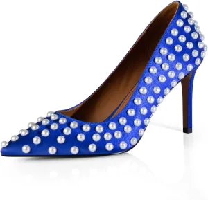 iadore Women Sexy Stiletto High Heel Pumps Chic Pearl Studded Slip-on Shoes Satin Pointed Toe Fashion Dress Pumps Size 5-12 US