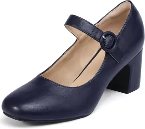 IDIFU IN3 Mary Jane Pumps Closed Toe Low Short Chunky Block Dress Shoes for Women Wedding Bridal Flight Attendant Heels Formal Cute Round Toe Vintage Small Thick Pumps Heels with Round Buckle
