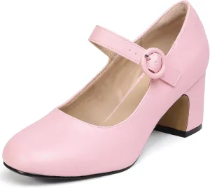 IDIFU IN3 Mary Jane Pumps Closed Toe Low Short Chunky Block Dress Shoes for Women Wedding Bridal Flight Attendant Heels Formal Cute Round Toe Vintage Small Thick Pumps Heels with Round Buckle