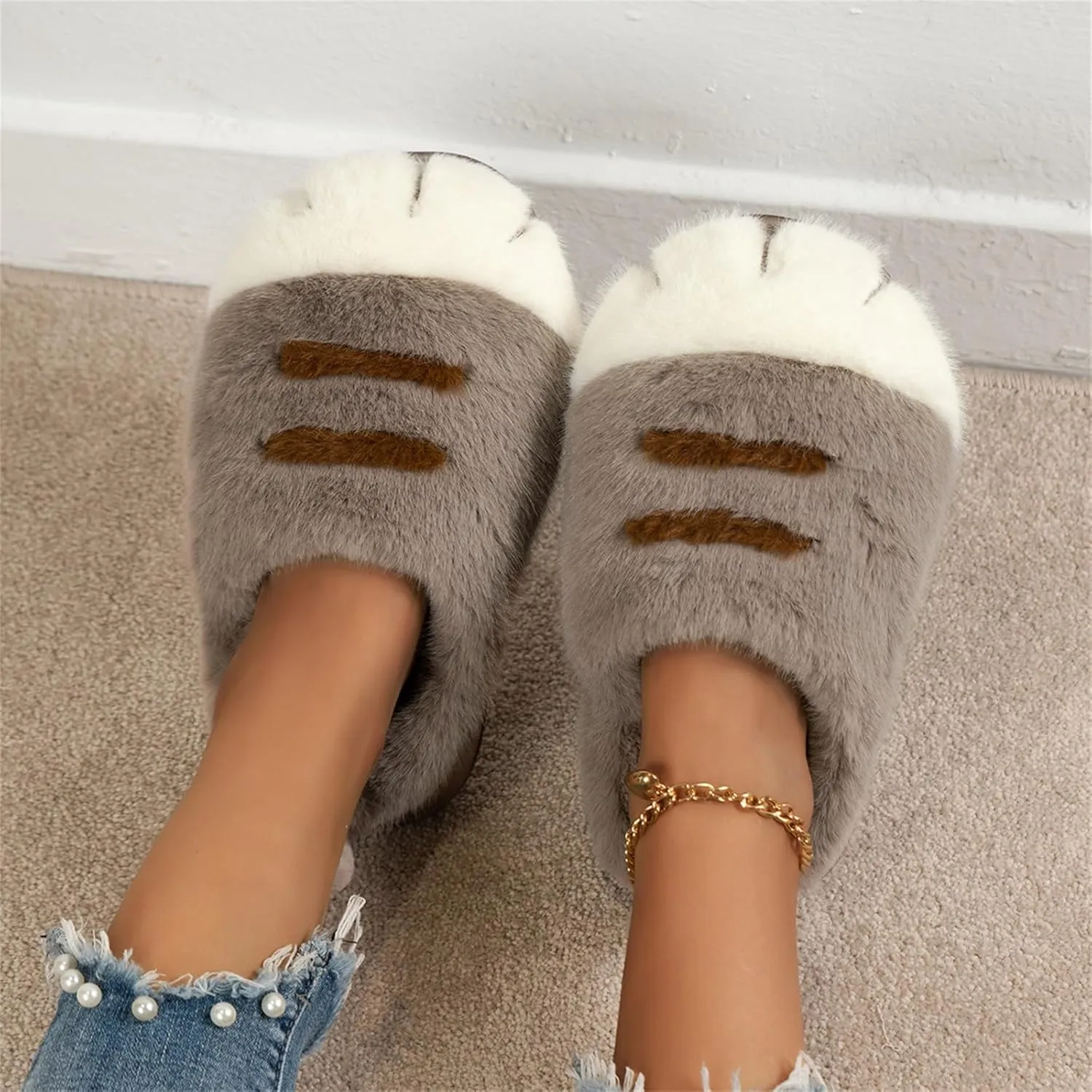 Indoor Outdoor Slippers Women Cute Funny 3D Cat Paw Cartoon Slipper Warm Fluffy Furry Winter Bedroom House Shoes