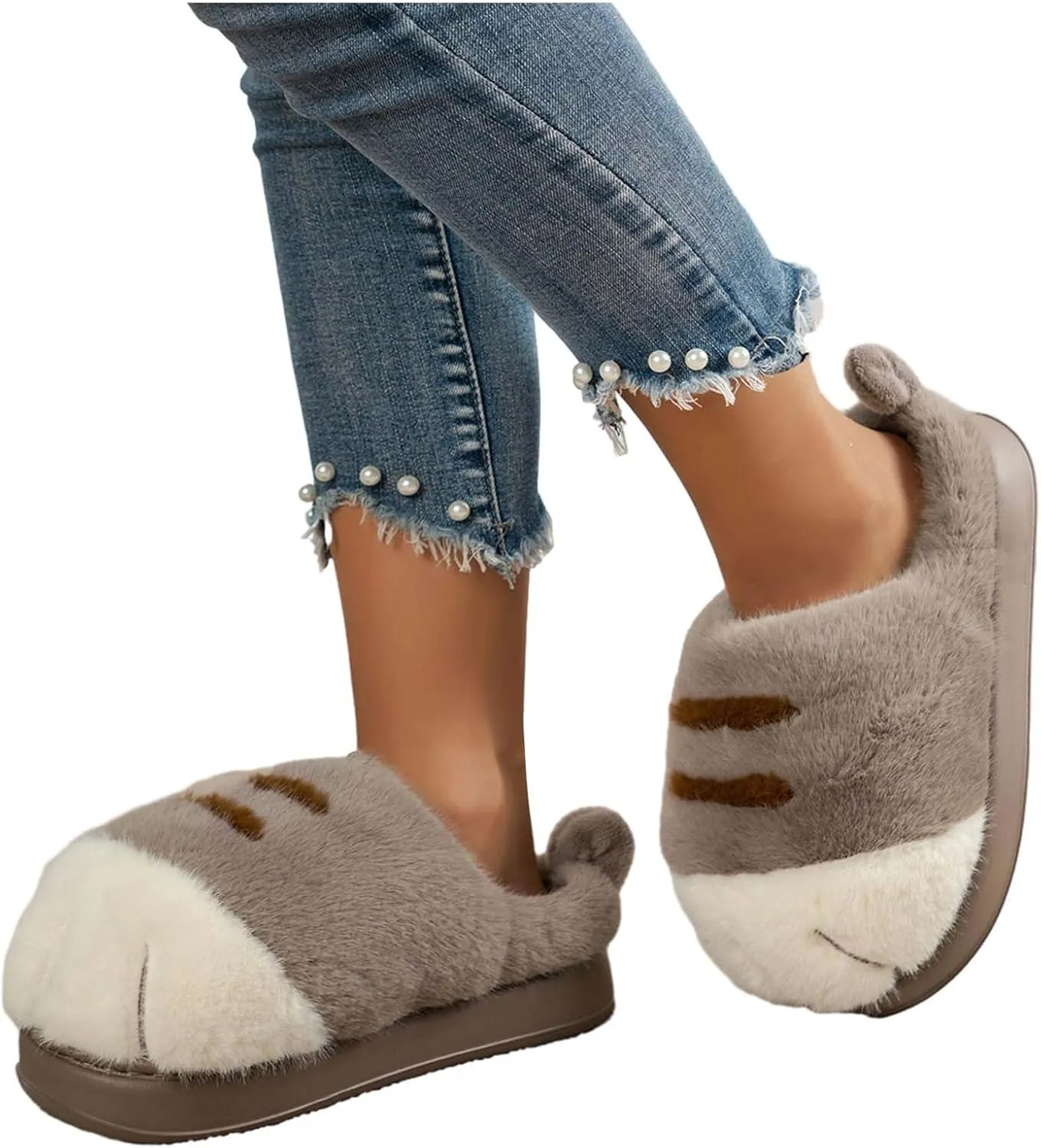 Indoor Outdoor Slippers Women Cute Funny 3D Cat Paw Cartoon Slipper Warm Fluffy Furry Winter Bedroom House Shoes