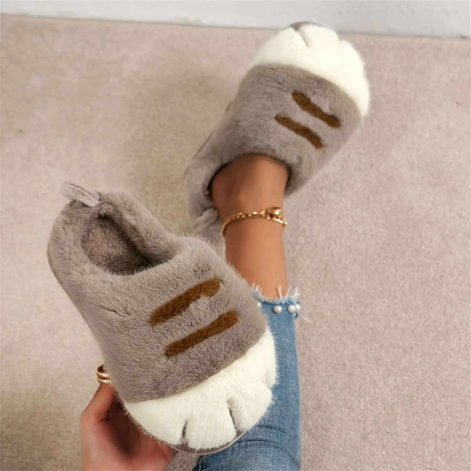 Indoor Outdoor Slippers Women Cute Funny 3D Cat Paw Cartoon Slipper Warm Fluffy Furry Winter Bedroom House Shoes
