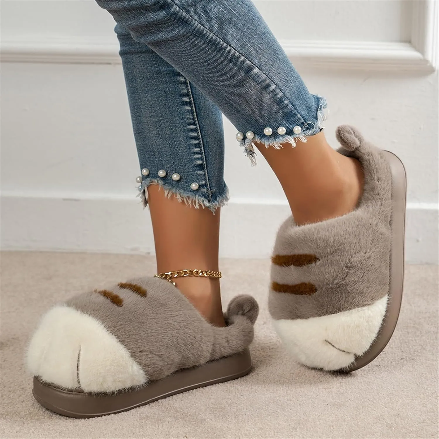 Indoor Outdoor Slippers Women Cute Funny 3D Cat Paw Cartoon Slipper Warm Fluffy Furry Winter Bedroom House Shoes
