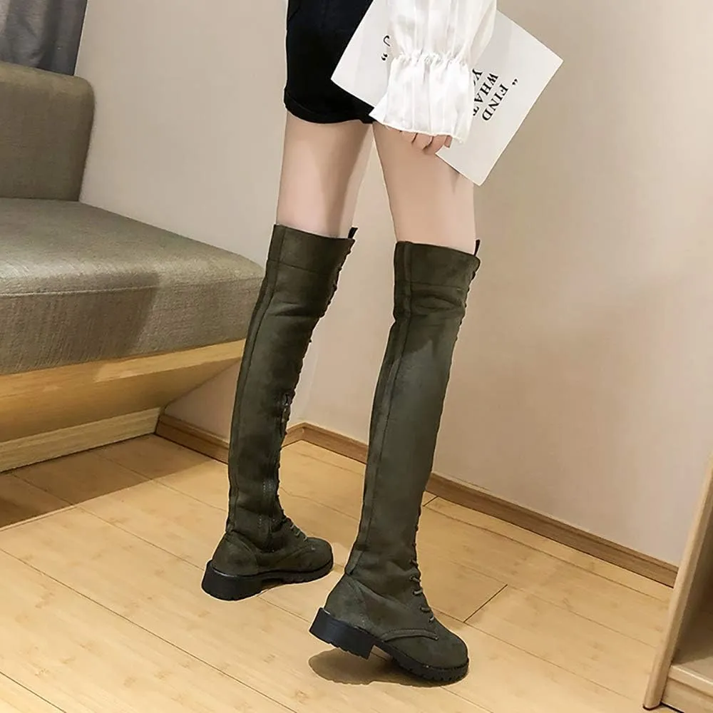JITUUE Women Flat Over The Knee Round Toe Lace-up Long Leather Boots