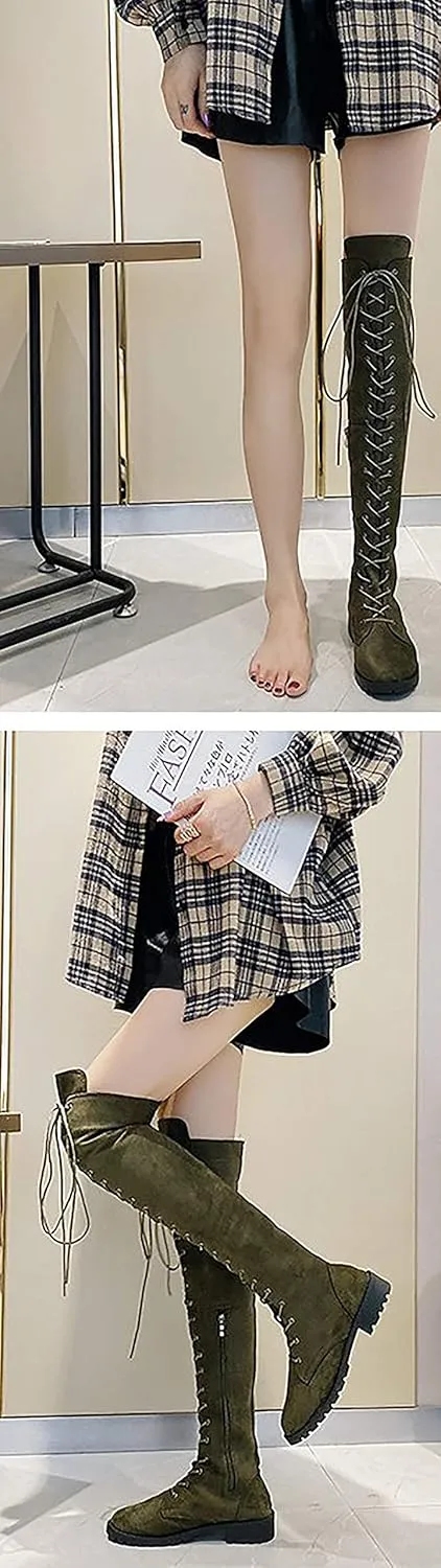 JITUUE Women Flat Over The Knee Round Toe Lace-up Long Leather Boots