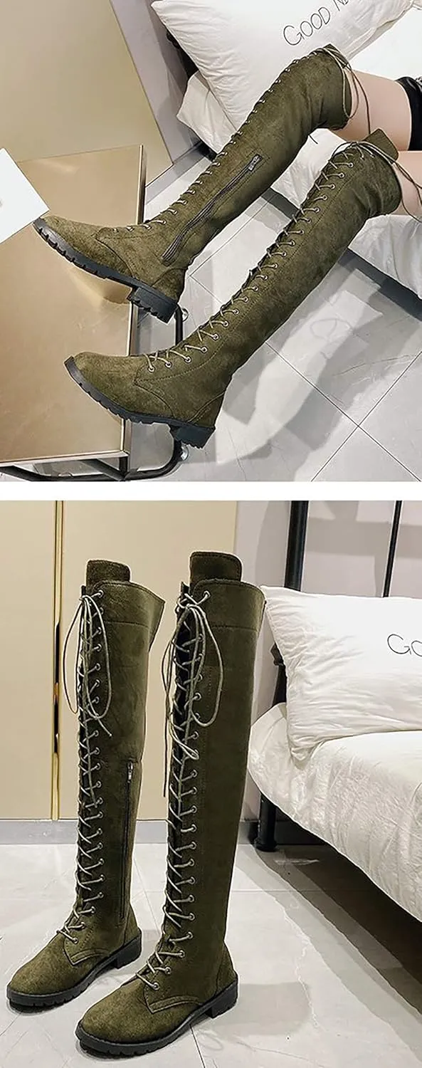 JITUUE Women Flat Over The Knee Round Toe Lace-up Long Leather Boots