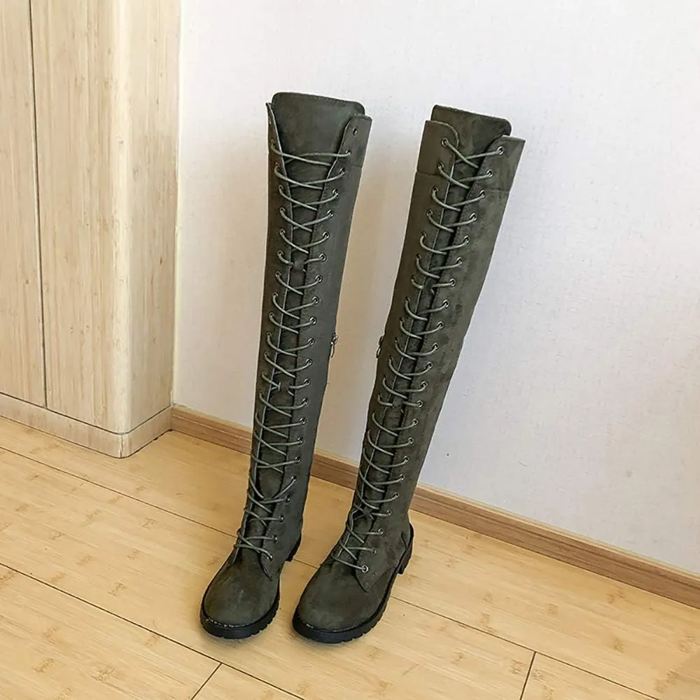 JITUUE Women Flat Over The Knee Round Toe Lace-up Long Leather Boots
