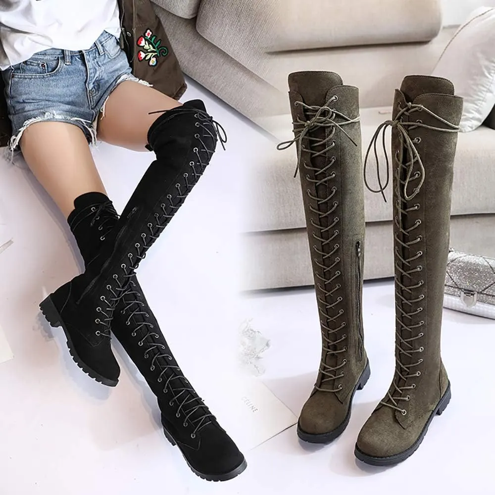 JITUUE Women Flat Over The Knee Round Toe Lace-up Long Leather Boots