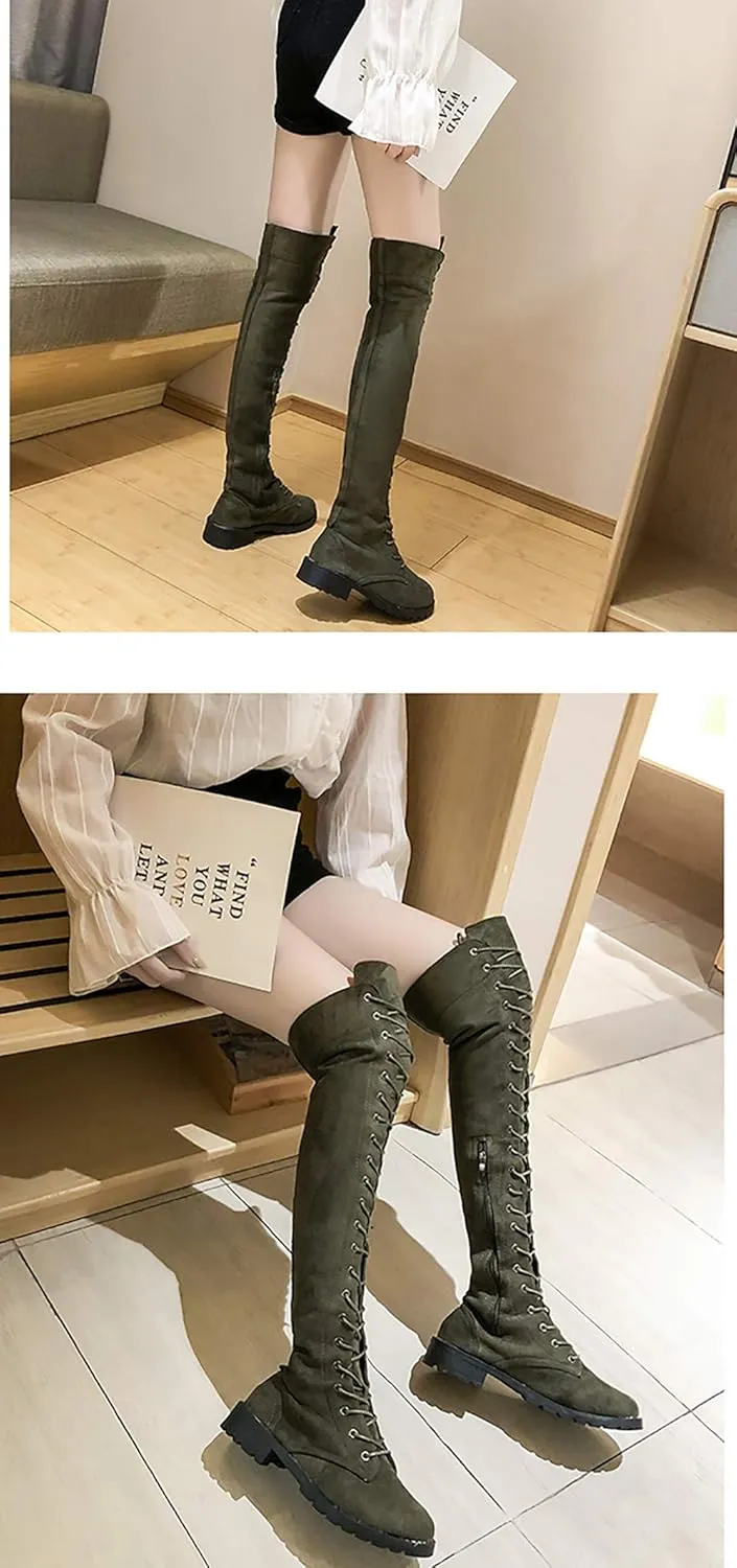 JITUUE Women Flat Over The Knee Round Toe Lace-up Long Leather Boots