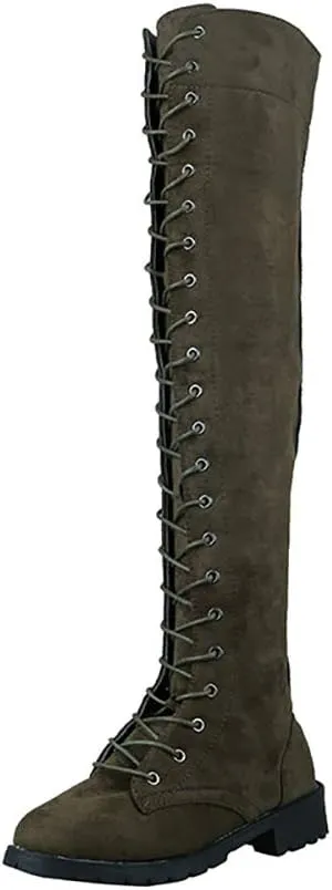 JITUUE Women Flat Over The Knee Round Toe Lace-up Long Leather Boots