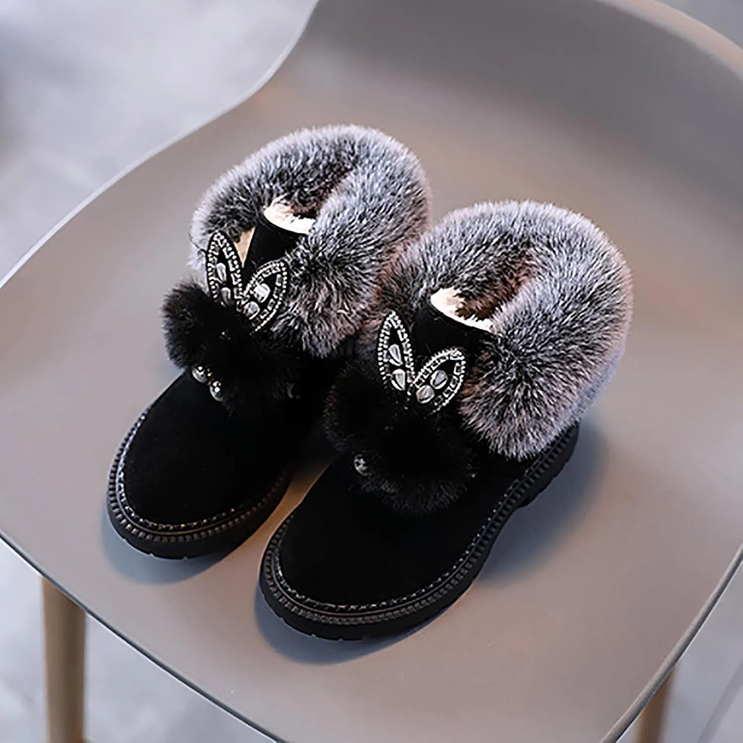 Kids Girls Ankle Boots Winter Snow Boots Cute Warm Short Booties Princess Shoes 1-7 Years (Black, 3.5-4 Years Toddler)