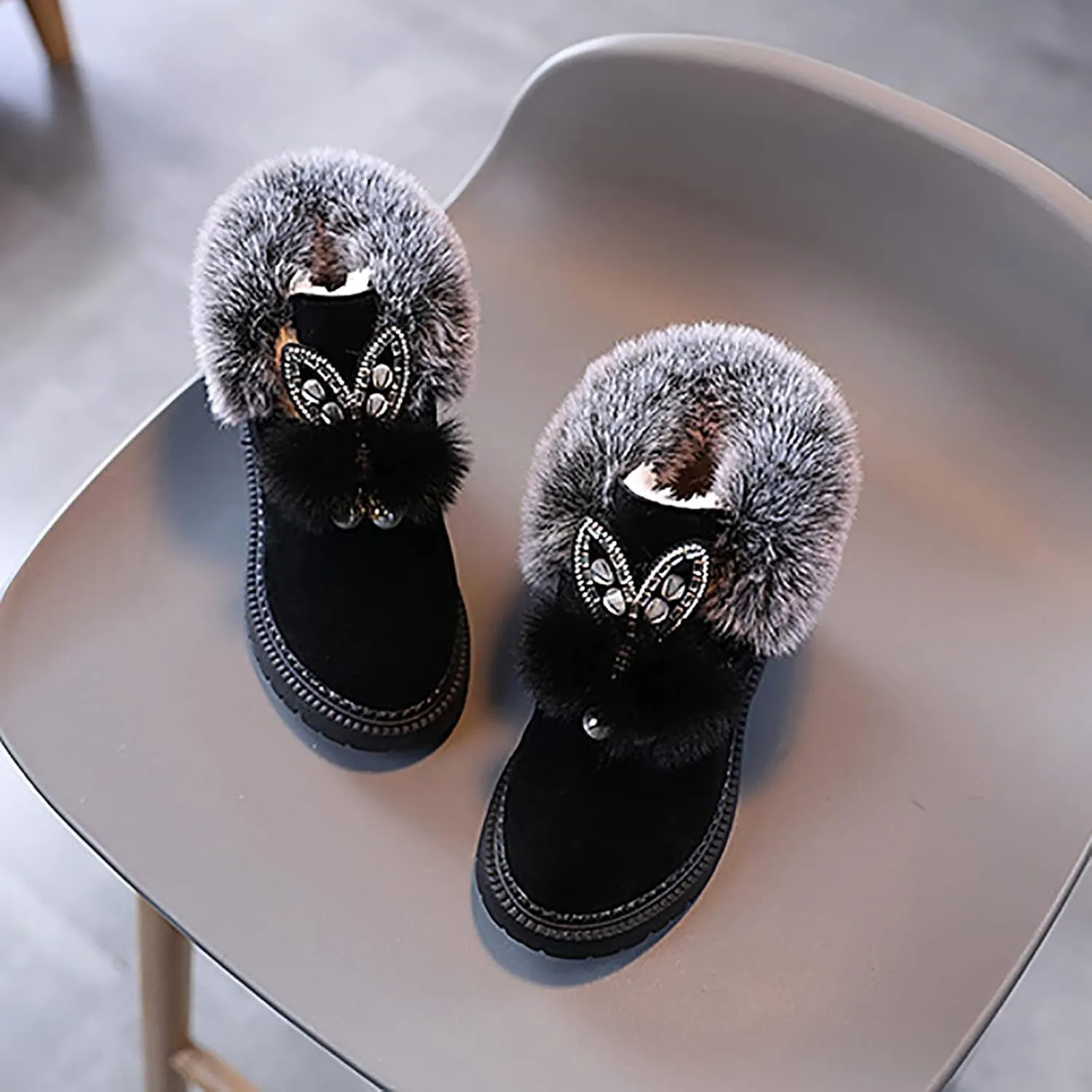 Kids Girls Ankle Boots Winter Snow Boots Cute Warm Short Booties Princess Shoes 1-7 Years (Black, 3.5-4 Years Toddler)