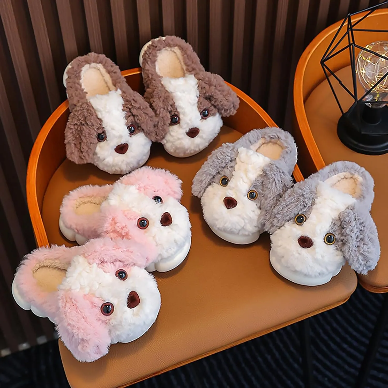 Kids Puppy Slippers Boys Girls Plush Non-Slip House Slippers Cute Cartoon Soft Wool Slip-On Shoes Indoor Wear