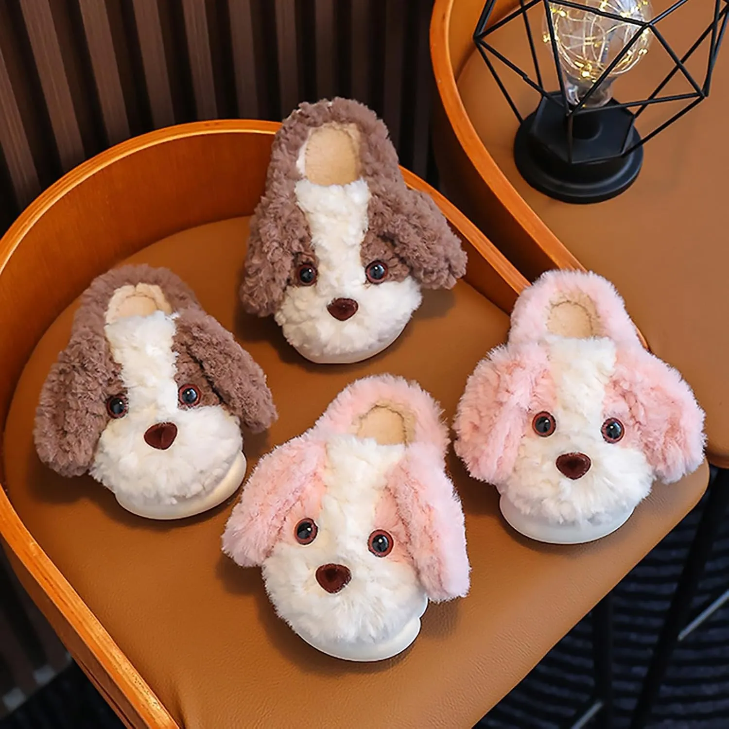 Kids Puppy Slippers Boys Girls Plush Non-Slip House Slippers Cute Cartoon Soft Wool Slip-On Shoes Indoor Wear