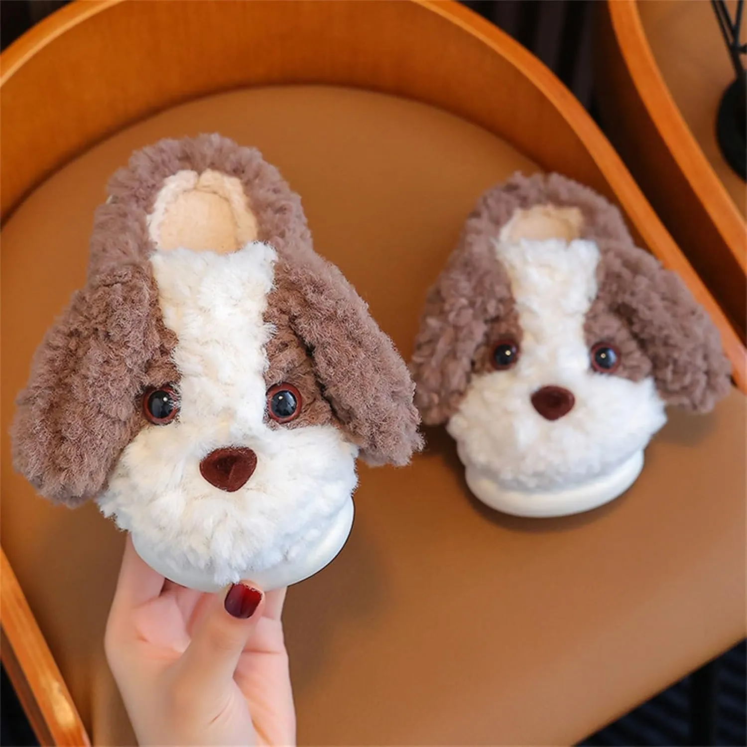 Kids Puppy Slippers Boys Girls Plush Non-Slip House Slippers Cute Cartoon Soft Wool Slip-On Shoes Indoor Wear