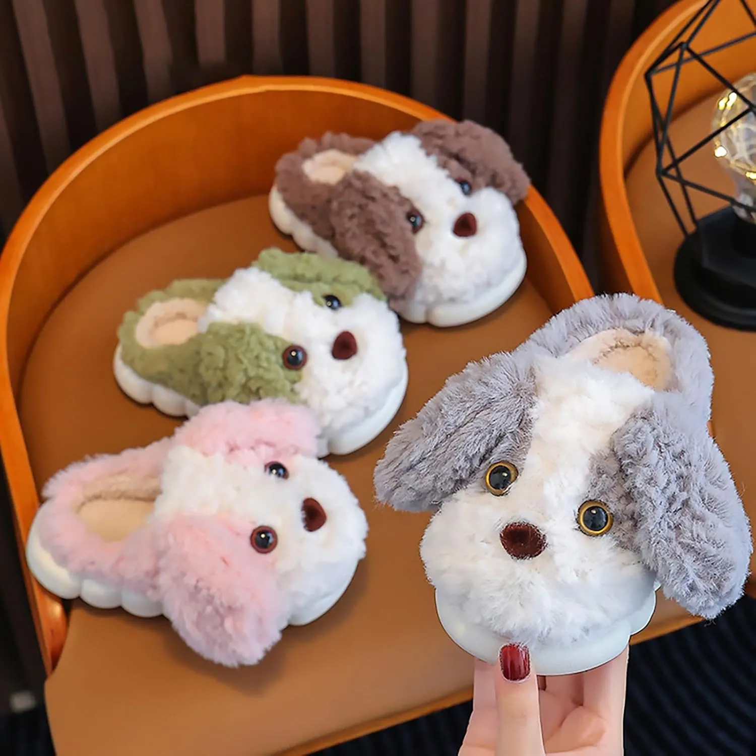 Kids Puppy Slippers Boys Girls Plush Non-Slip House Slippers Cute Cartoon Soft Wool Slip-On Shoes Indoor Wear