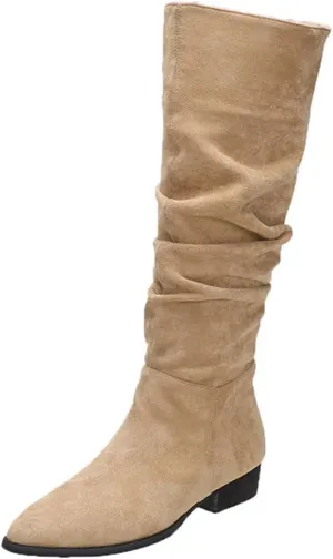 Knee Hight Boots for Women Pointed Toe Knee-High Boots Mid Chunky Heel Pull On Zippers Faux Cowboy Fashion Winter