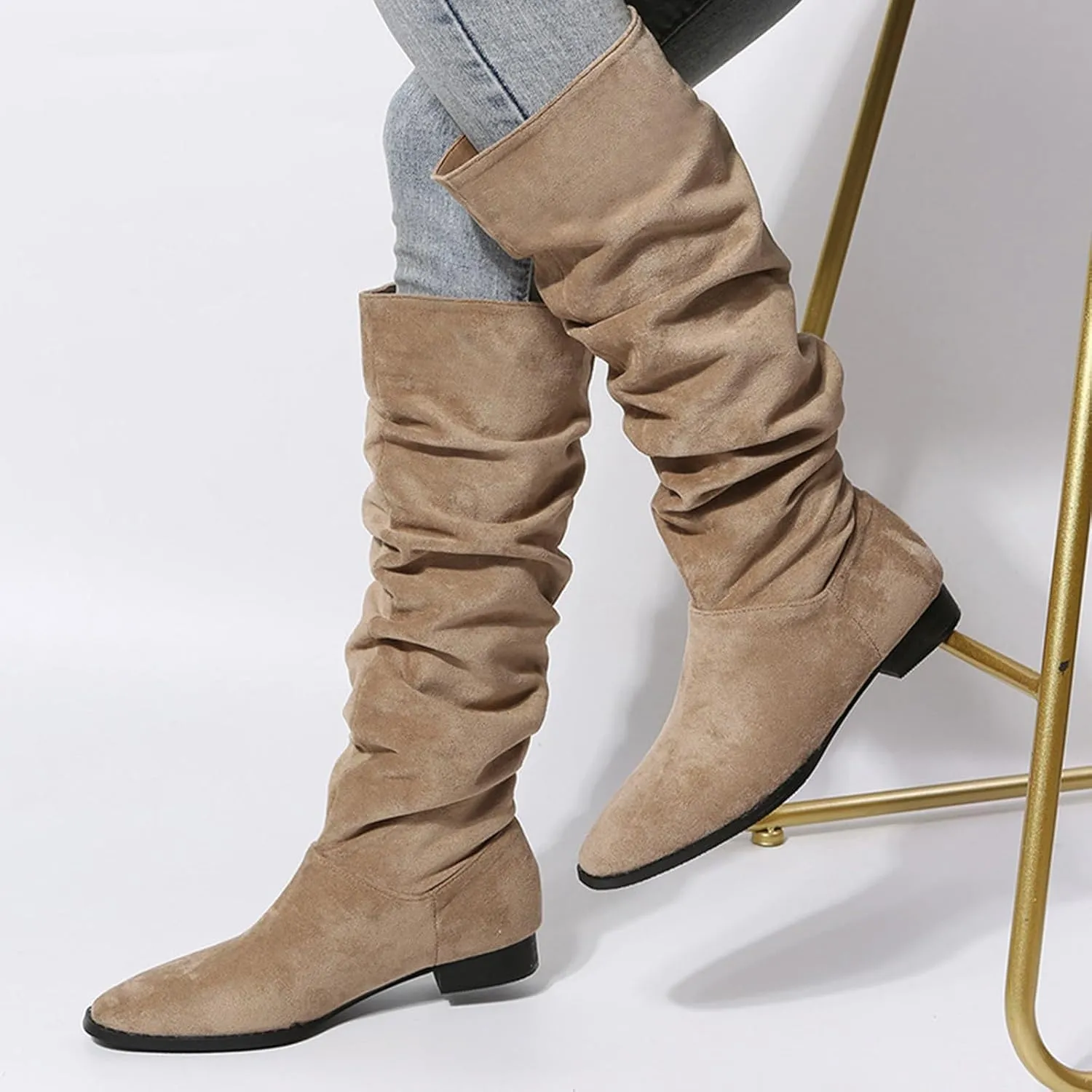 Knee Hight Boots for Women Pointed Toe Knee-High Boots Mid Chunky Heel Pull On Zippers Faux Cowboy Fashion Winter