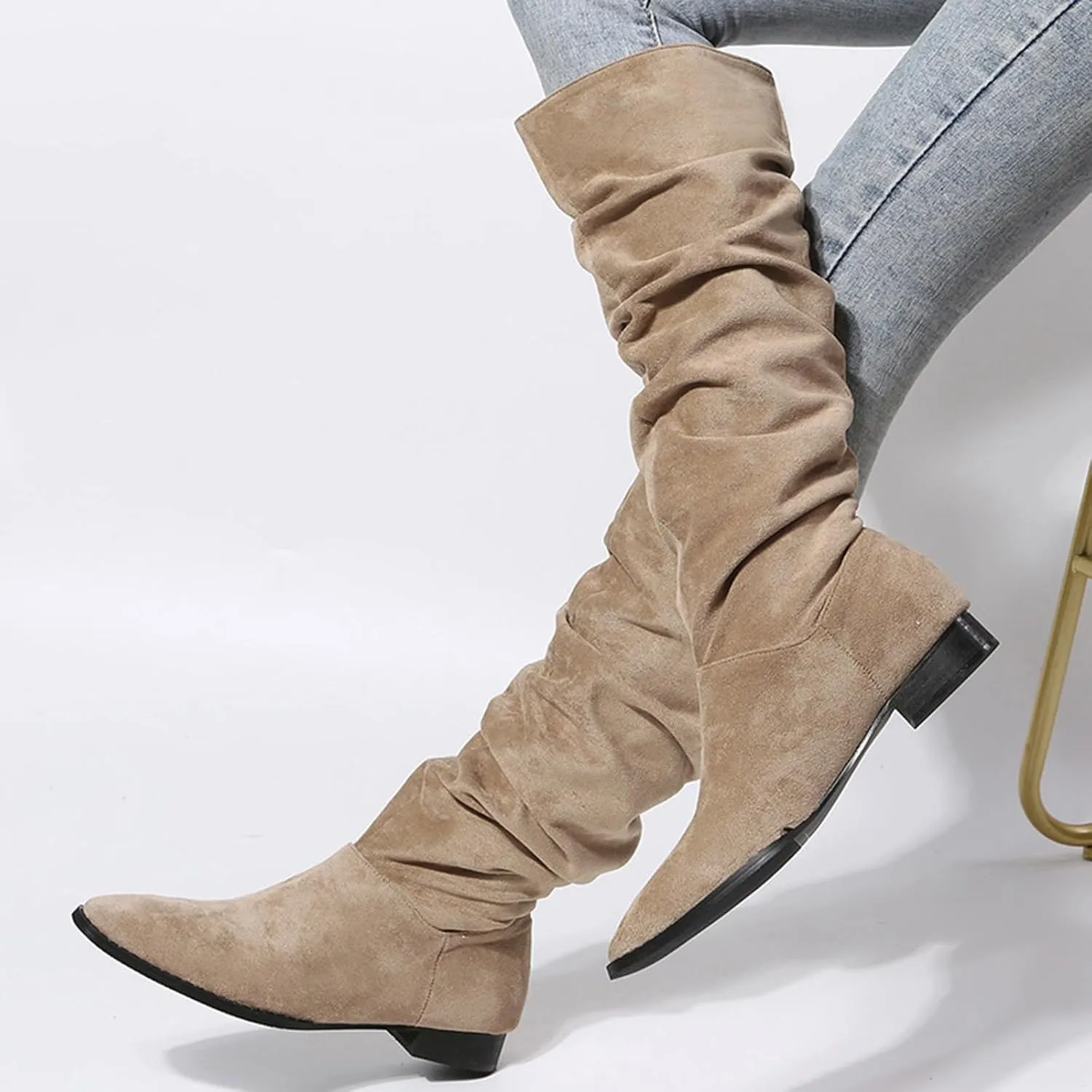 Knee Hight Boots for Women Pointed Toe Knee-High Boots Mid Chunky Heel Pull On Zippers Faux Cowboy Fashion Winter