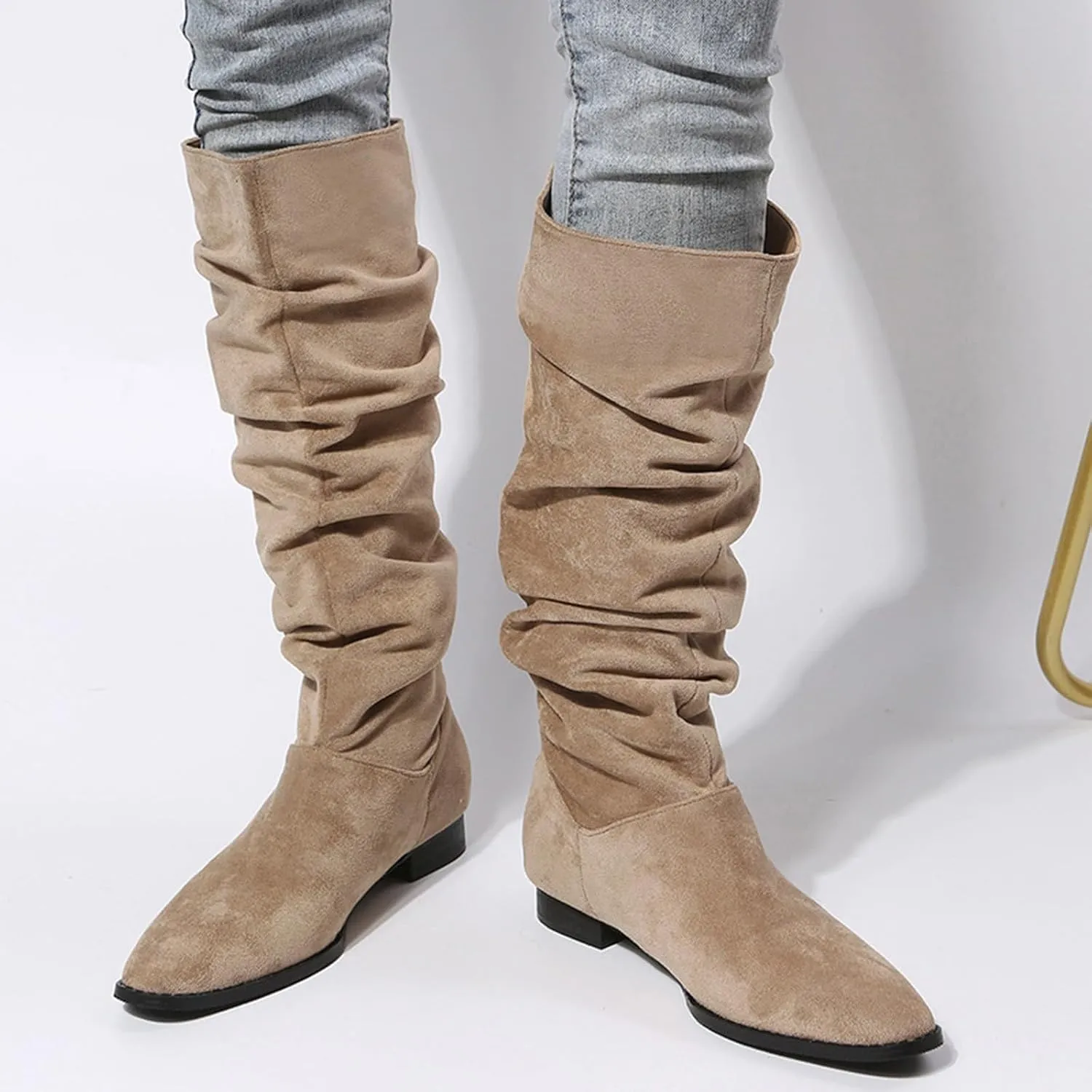 Knee Hight Boots for Women Pointed Toe Knee-High Boots Mid Chunky Heel Pull On Zippers Faux Cowboy Fashion Winter