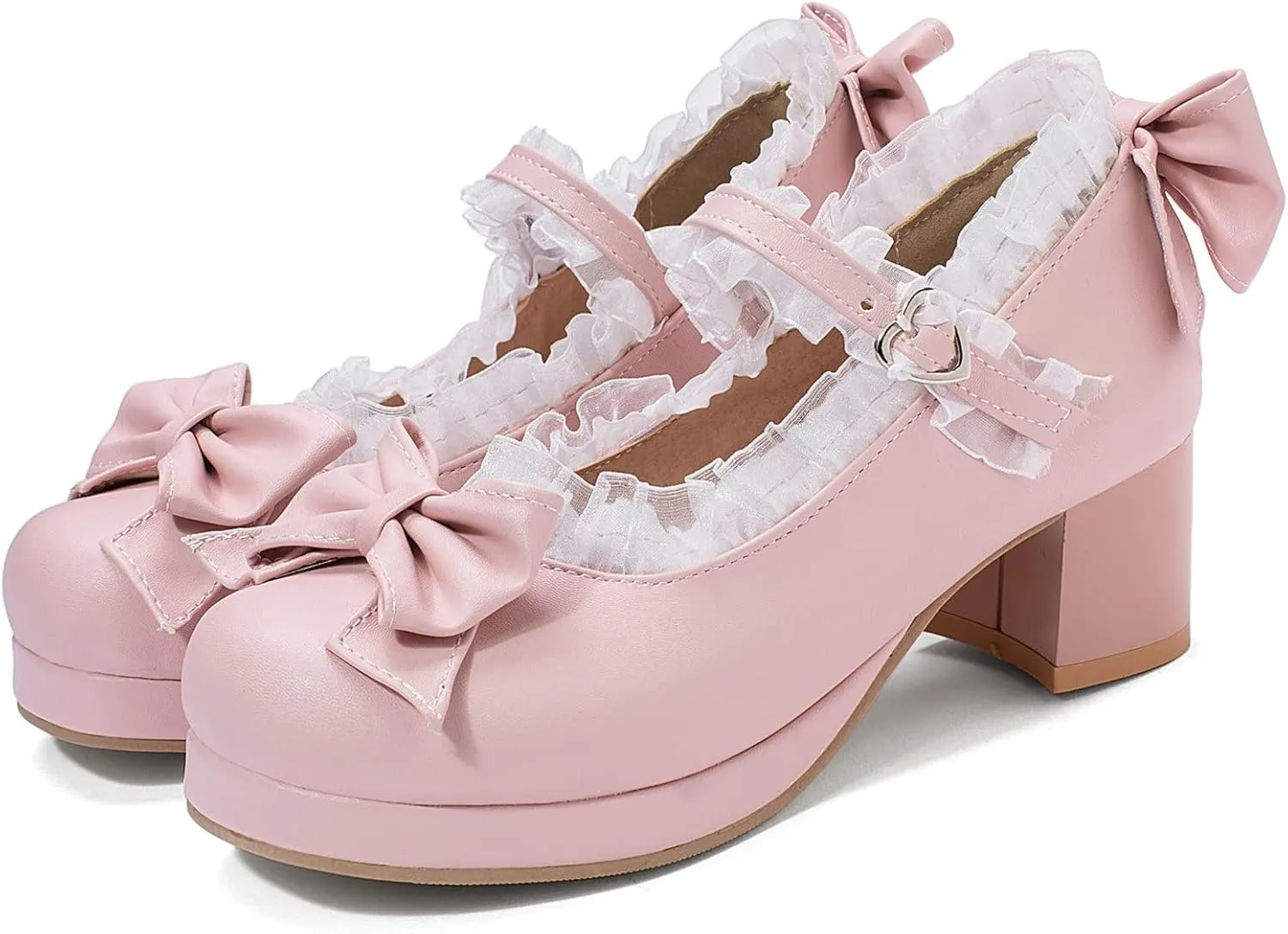 KysBloes Women Kawaii Shoes Sweet Mary Janes Platform Lace Cute Pumps Mid Block Heel Buckle Pumps with Bow