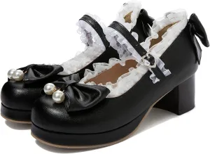 KysBloes Women Kawaii Shoes Sweet Mary Janes Platform Lace Cute Pumps Mid Block Heel Buckle Pumps with Bow