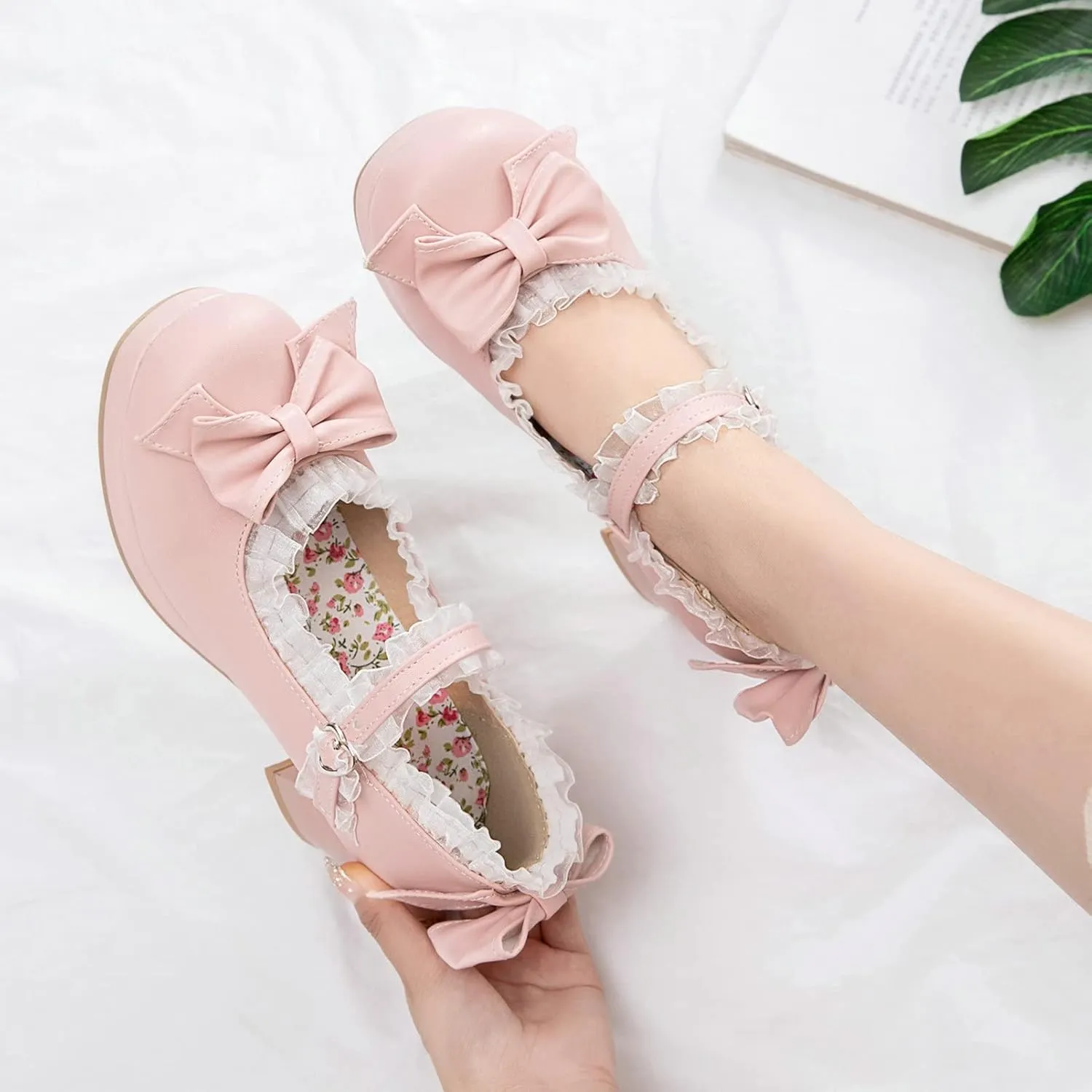 KysBloes Women Kawaii Shoes Sweet Mary Janes Platform Lace Cute Pumps Mid Block Heel Buckle Pumps with Bow