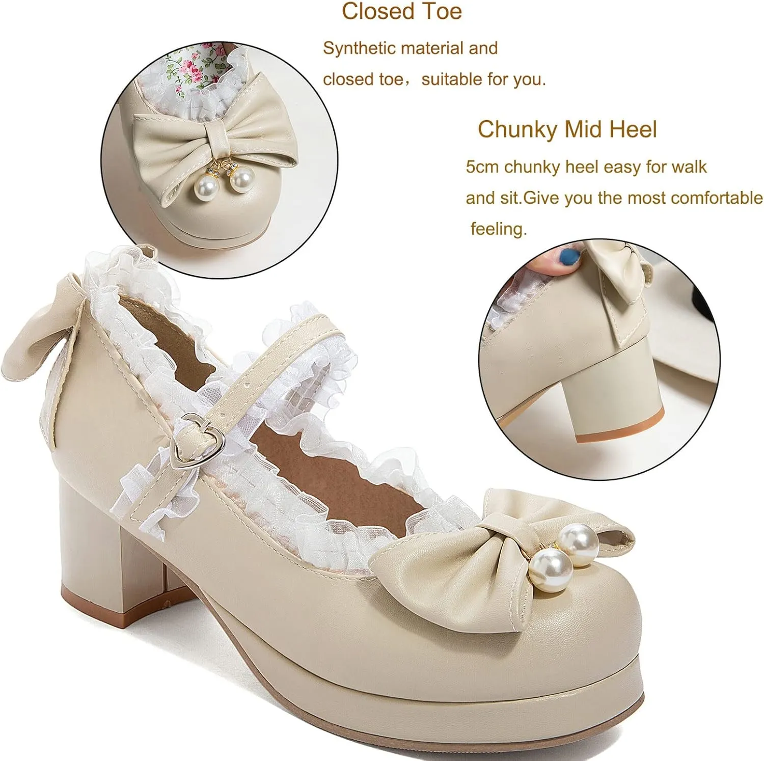 KysBloes Women Kawaii Shoes Sweet Mary Janes Platform Lace Cute Pumps Mid Block Heel Buckle Pumps with Bow