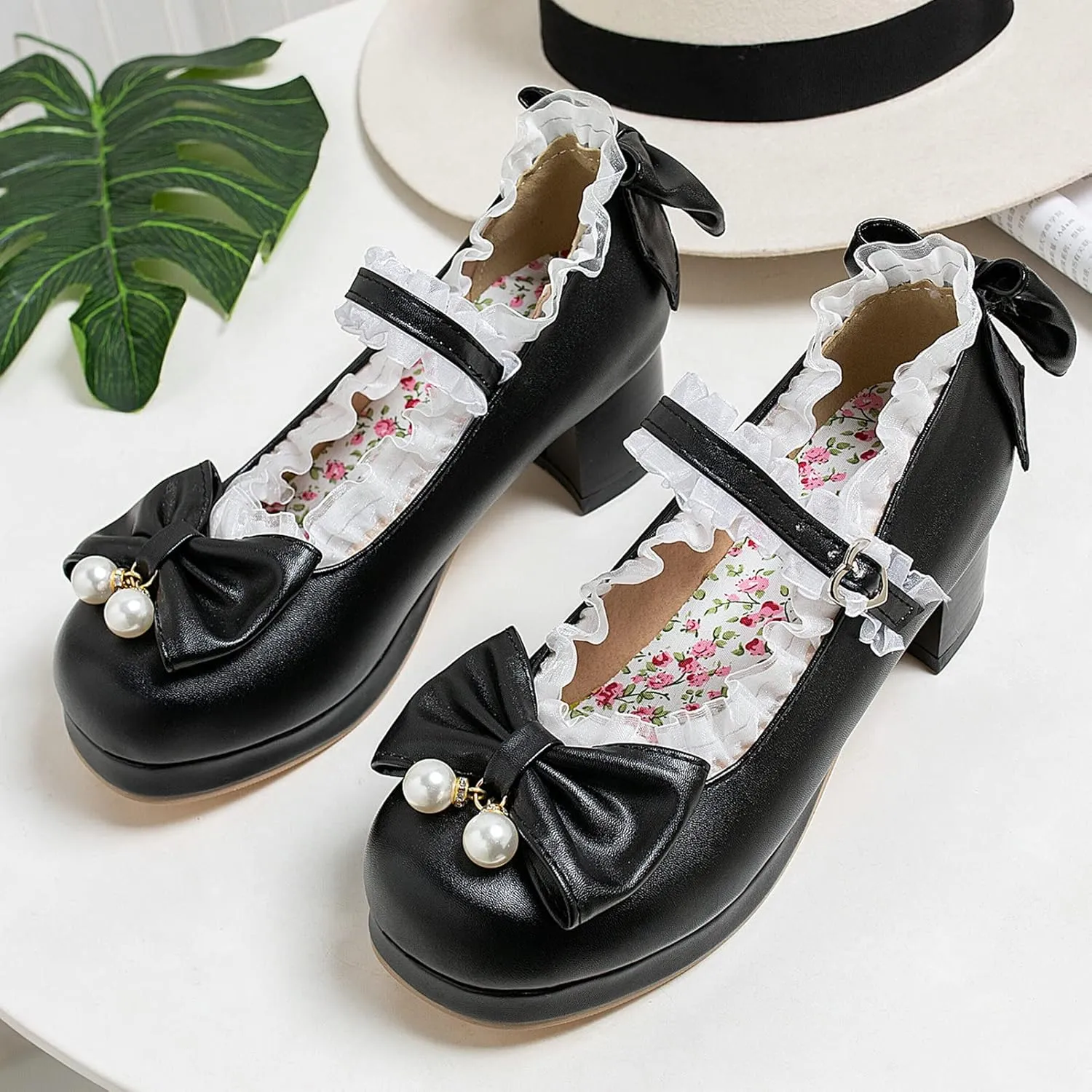 KysBloes Women Kawaii Shoes Sweet Mary Janes Platform Lace Cute Pumps Mid Block Heel Buckle Pumps with Bow