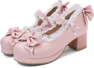 KysBloes Women Kawaii Shoes Sweet Mary Janes Platform Lace Cute Pumps Mid Block Heel Buckle Pumps with Bow