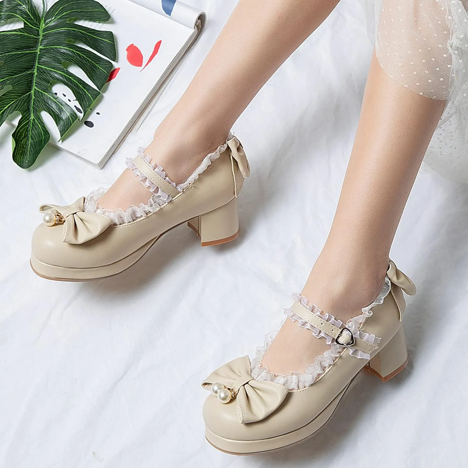 KysBloes Women Kawaii Shoes Sweet Mary Janes Platform Lace Cute Pumps Mid Block Heel Buckle Pumps with Bow