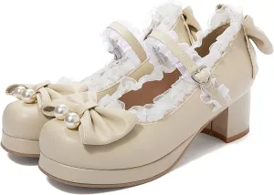 KysBloes Women Kawaii Shoes Sweet Mary Janes Platform Lace Cute Pumps Mid Block Heel Buckle Pumps with Bow