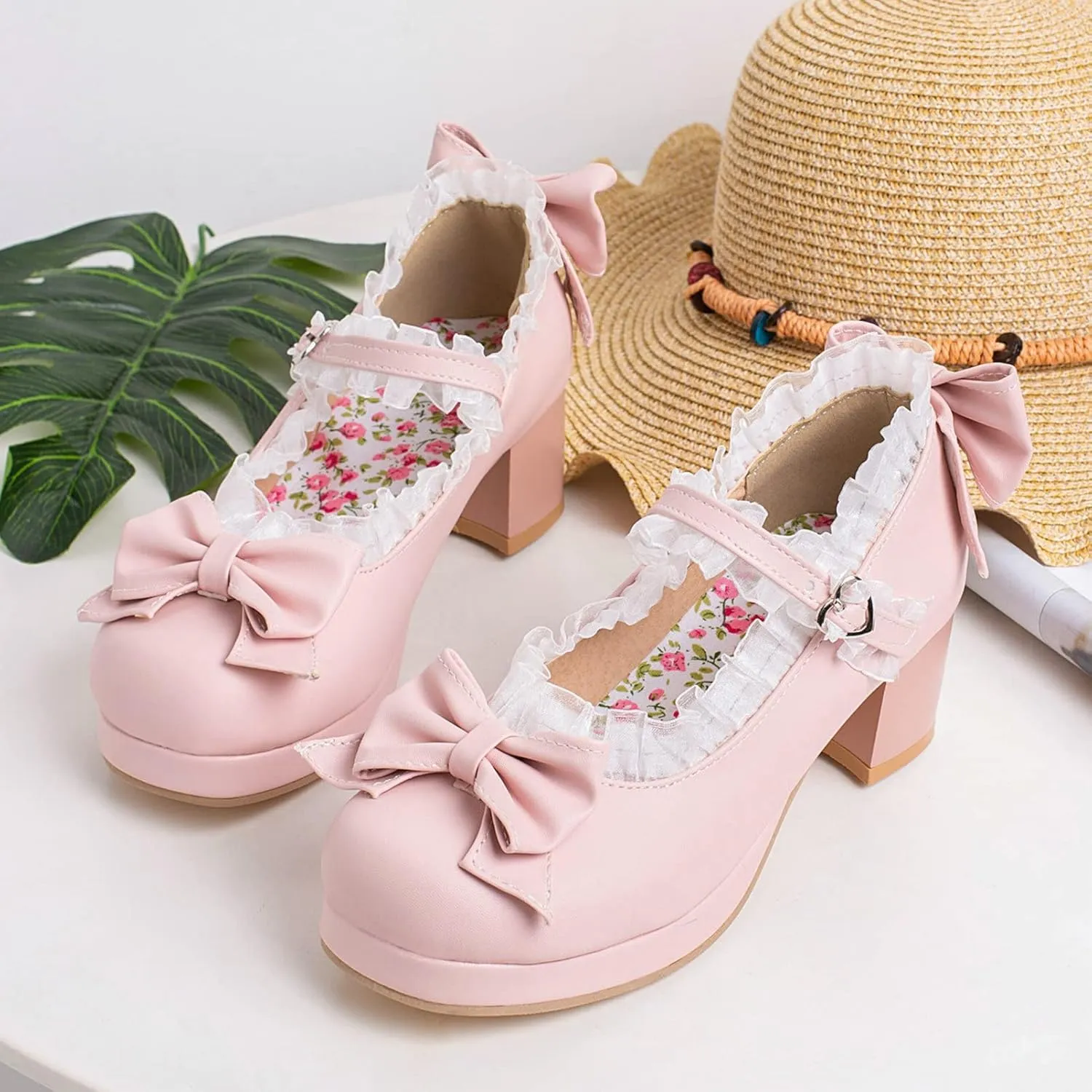 KysBloes Women Kawaii Shoes Sweet Mary Janes Platform Lace Cute Pumps Mid Block Heel Buckle Pumps with Bow